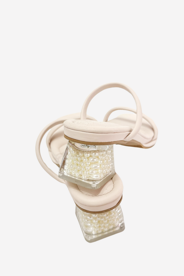 *PREORDER BEFORE CNY* LIMITED EDITION: WISHING PEARLS DUO STRAP GLASS BLOCK HEELS (6 CM) IN NUDE PINK