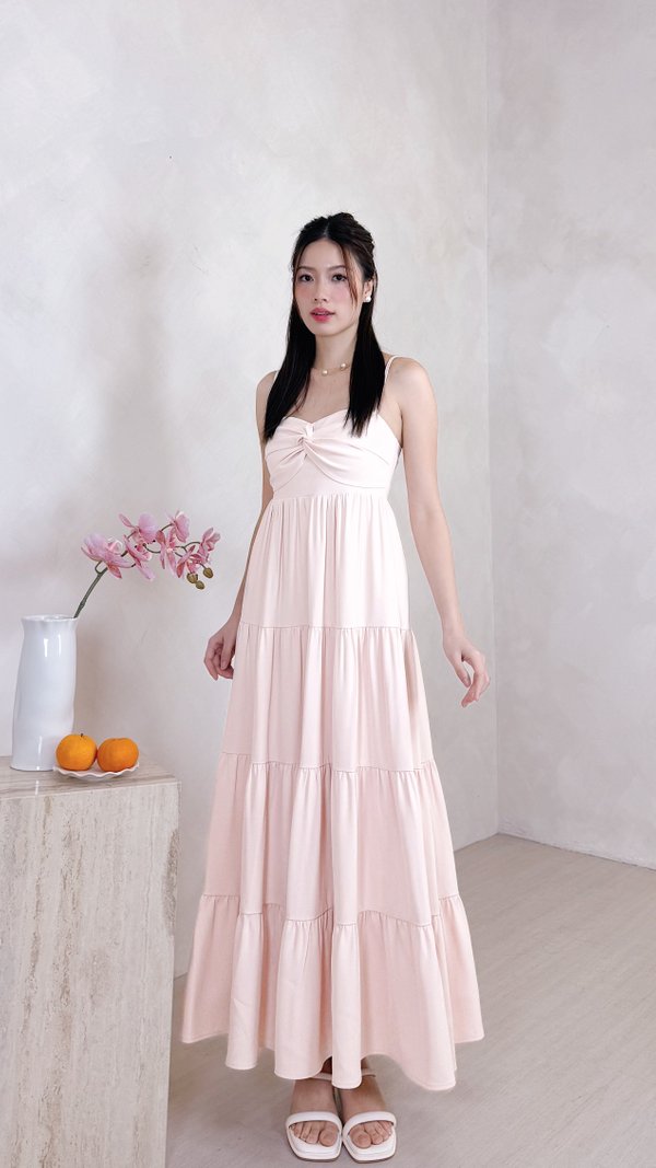 L639 Glenette Front Twist Tiered Midi Dress in Ice Pink