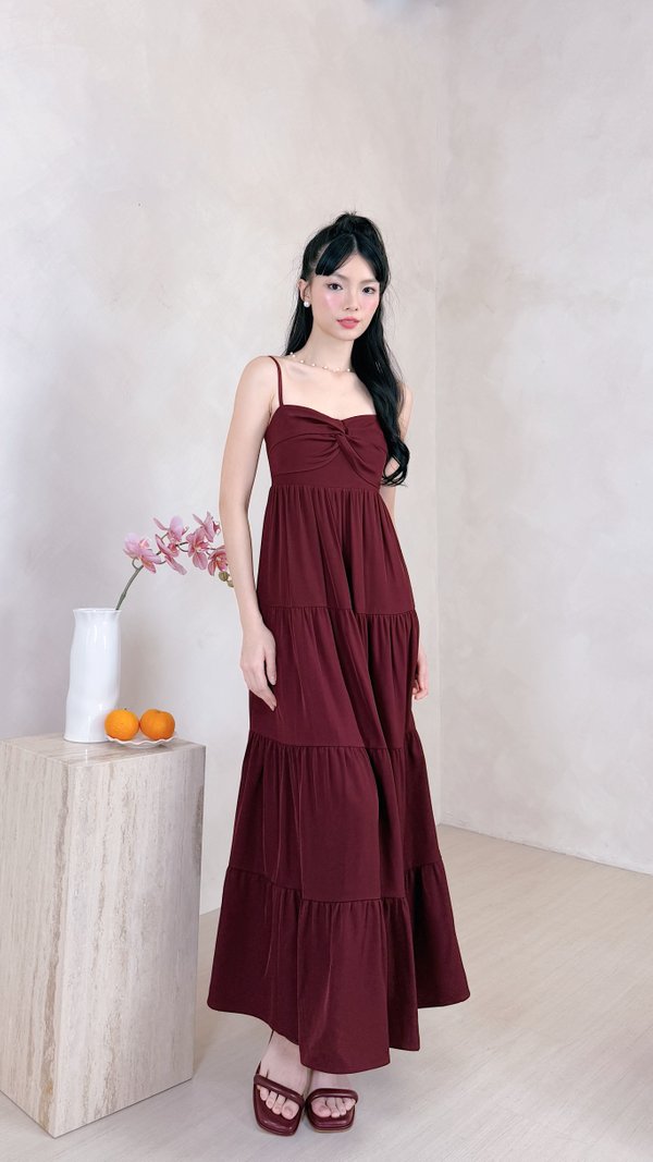 L639 Glenette Front Twist Tiered Midi Dress in Maroon