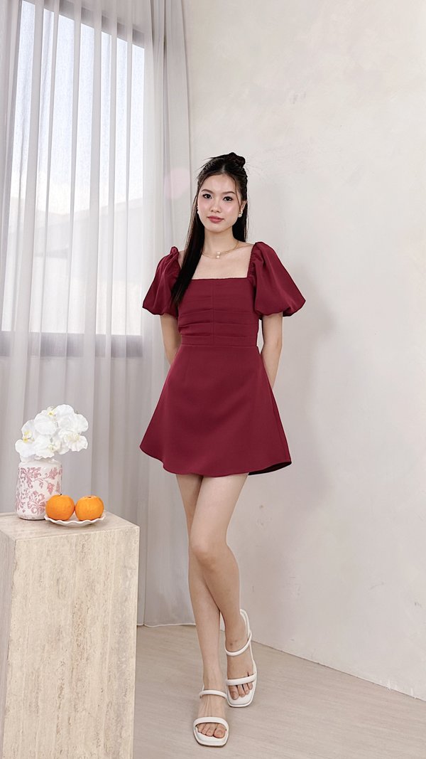 L583 Irine Pleated Smocked Dress Romper in Maroon