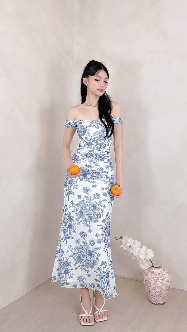 L663 Rae Mesh Midi Dress in Blue Printed Floral