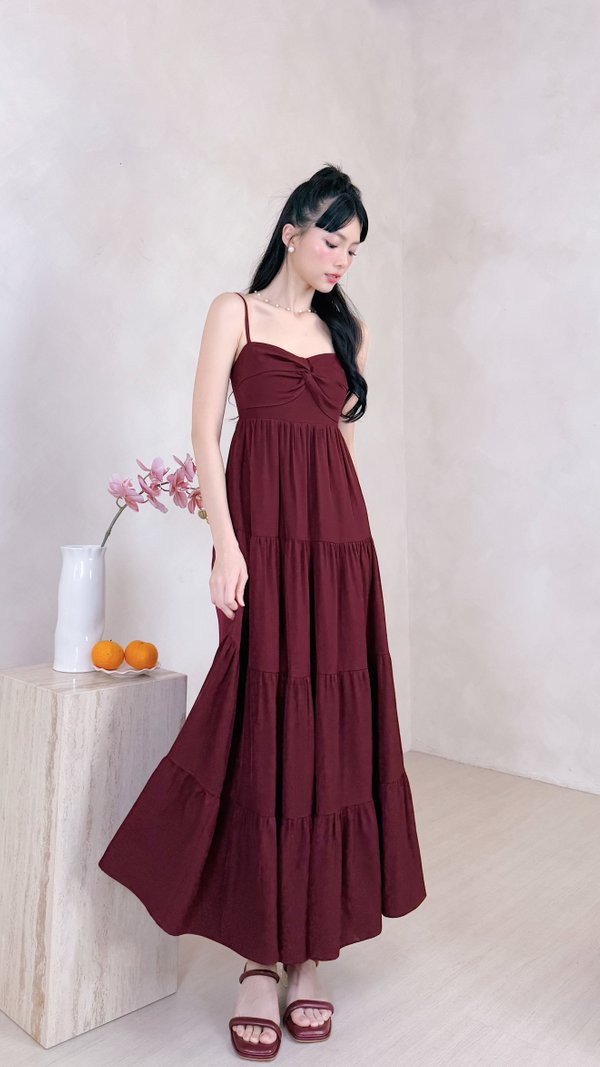 L639 Glenette Front Twist Tiered Midi Dress in Maroon