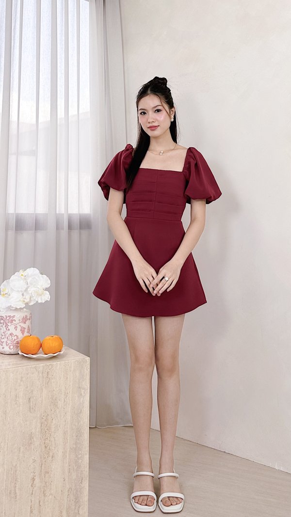 L583 Irine Pleated Smocked Dress Romper in Maroon