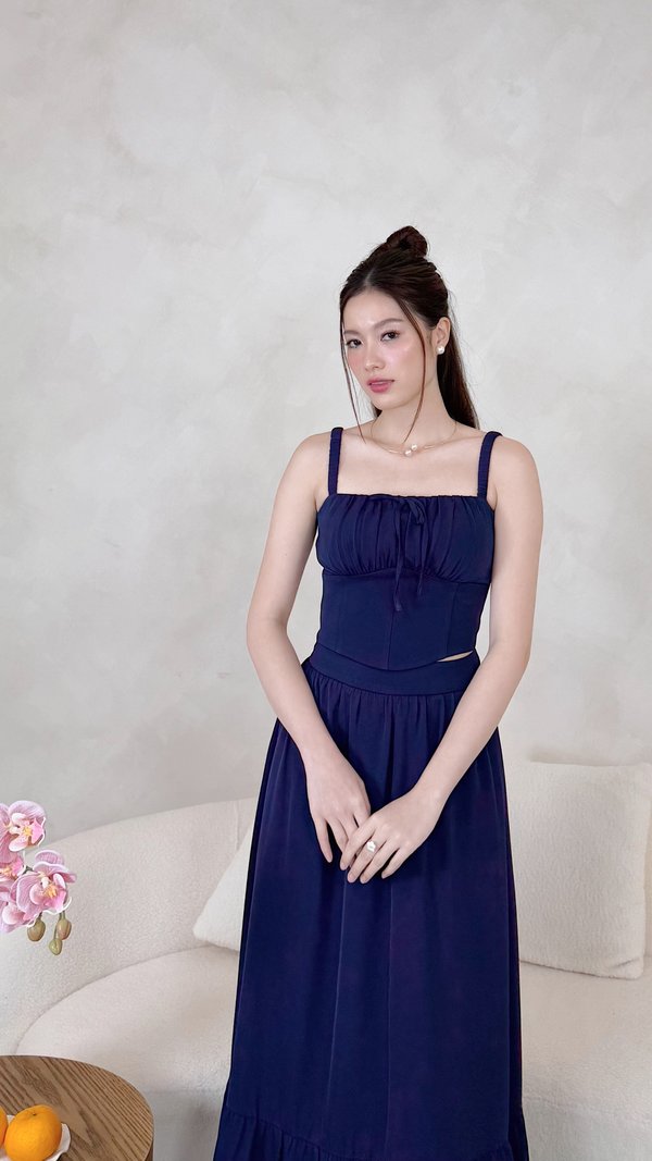 L561 Faye Straight Neckline Front Tie Elastic Strap Top in Navy