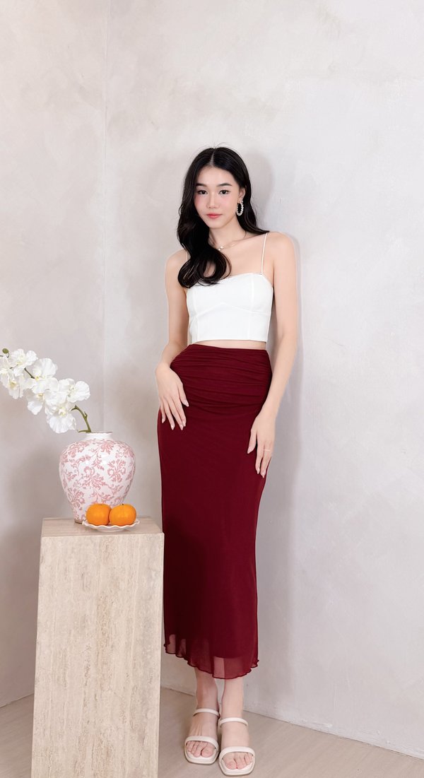 L640 Joelle V3 Mermaid Hem Ruched Midi Skirt in Red