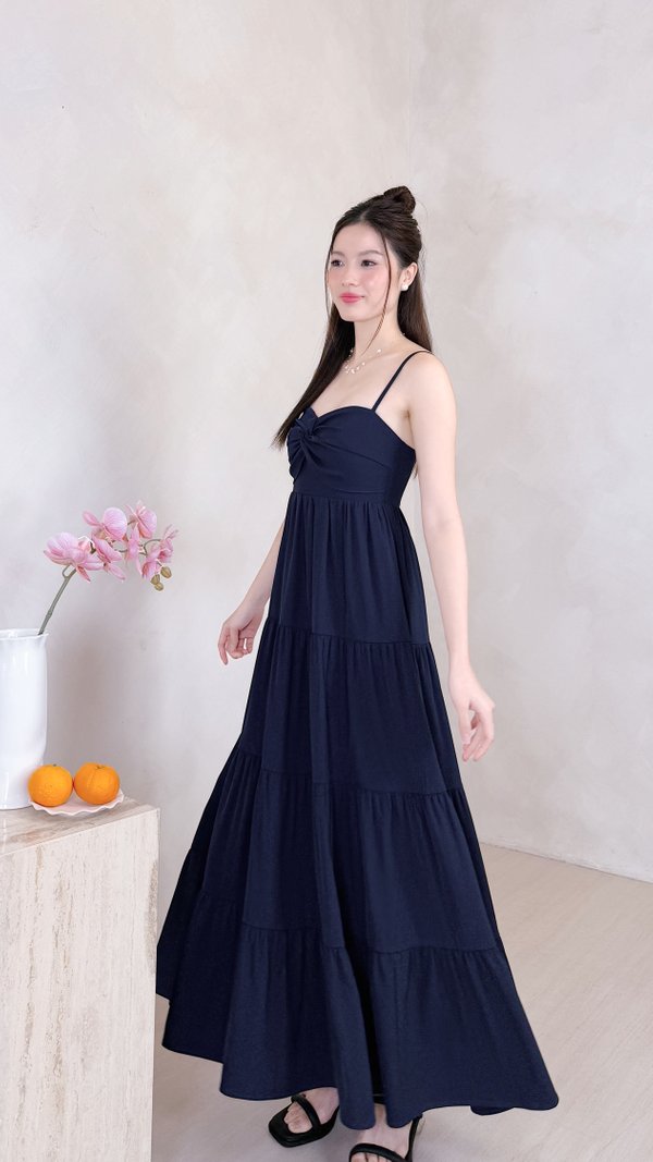 L639 Glenette Front Twist Tiered Midi Dress in Navy