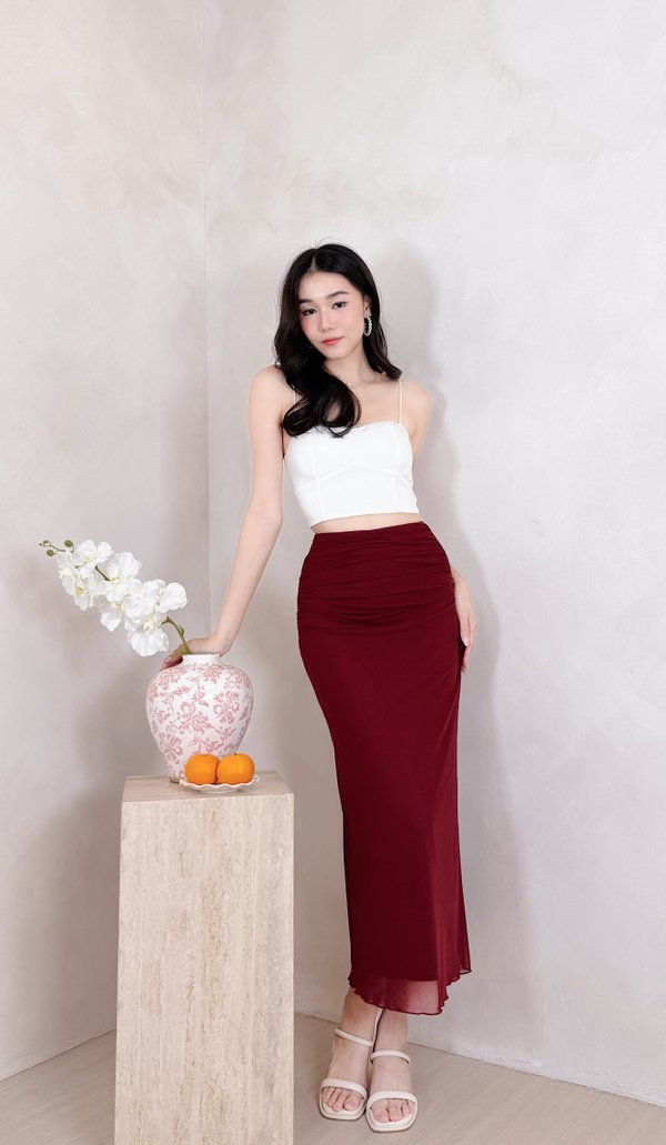 L640 Joelle V3 Mermaid Hem Ruched Midi Skirt in Red