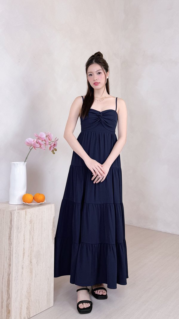 L639 Glenette Front Twist Tiered Midi Dress in Navy