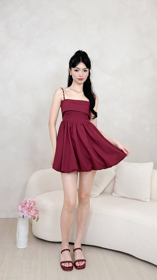 L626 Alina Overlap Panel Bubble Hem Dress Romper in Maroon