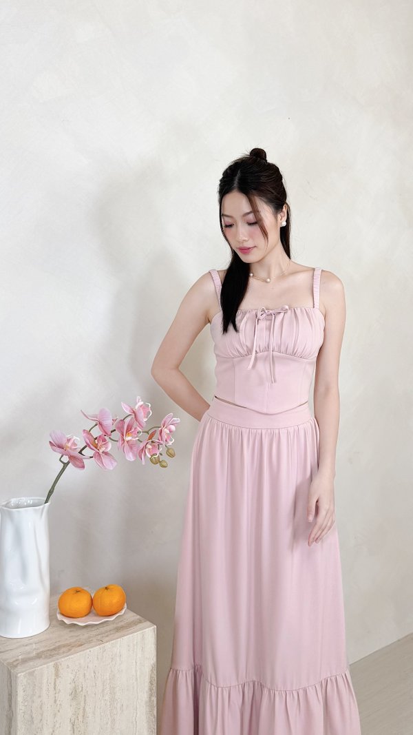 L561 Faye Straight Neckline Front Tie Elastic Strap Top in Dusty Pink