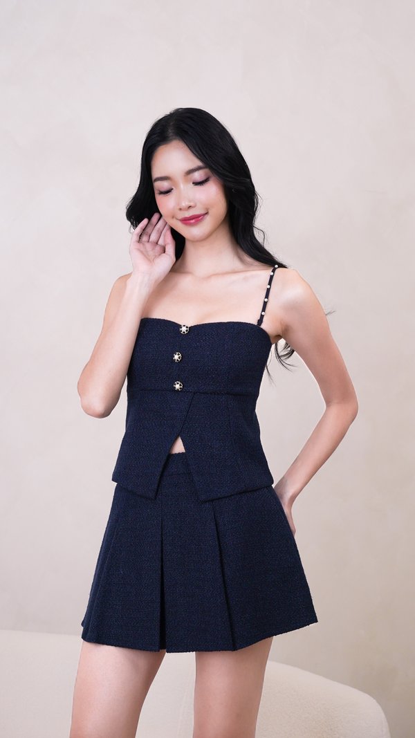 PX3621 Cristabelle Tweed Sweetheart Neckline Top in Navy