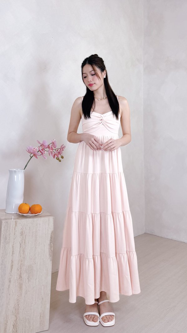 L639 Glenette Front Twist Tiered Midi Dress in Ice Pink