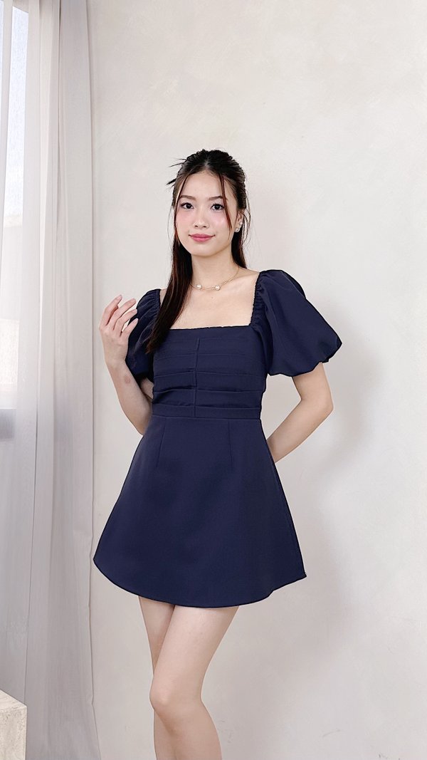 L583 Irine Pleated Smocked Dress Romper in Navy