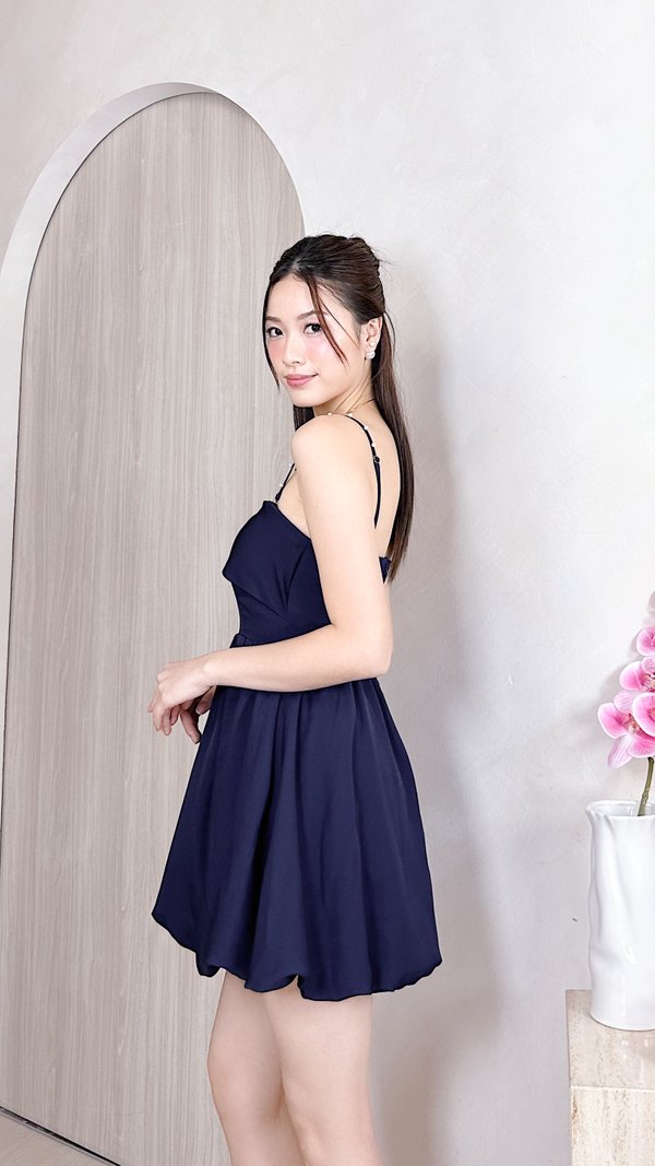 L626 Alina Overlap Panel Bubble Hem Dress Romper in Navy