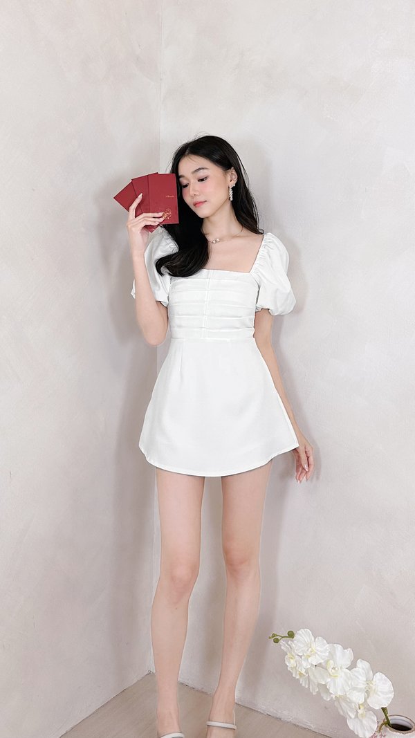 L583 Irine Pleated Smocked Dress Romper in White