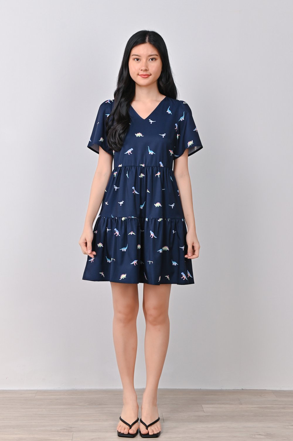 DINO PRINTED BABYDOLL DRESS IN NAVY DINO PRINTED BABYDOLL DRESS IN NAVY