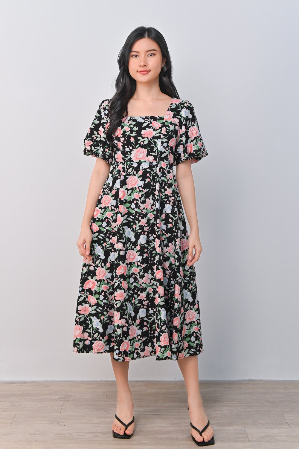 LEINA FLORAL SQUARE-NECK DRESS IN BLACK  LEINA FLORAL SQUARE-NECK DRESS IN BLACK