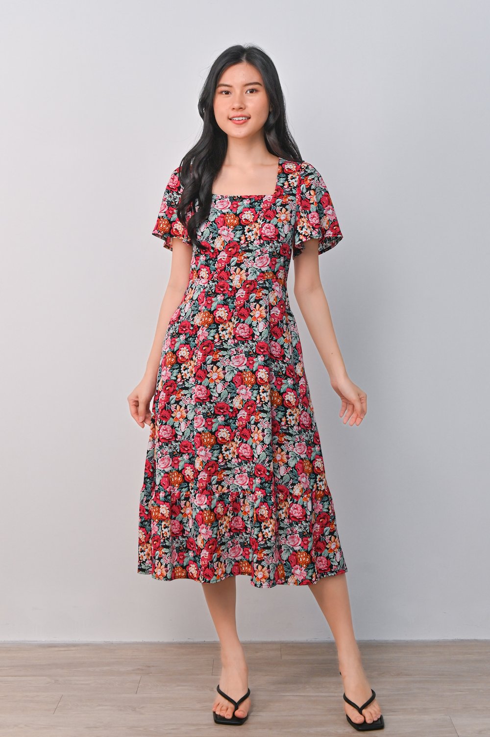 ALDITH RED FLORAL SQUARE-NECK SLIT DRESS ALDITH RED FLORAL SQUARE-NECK SLIT DRESS