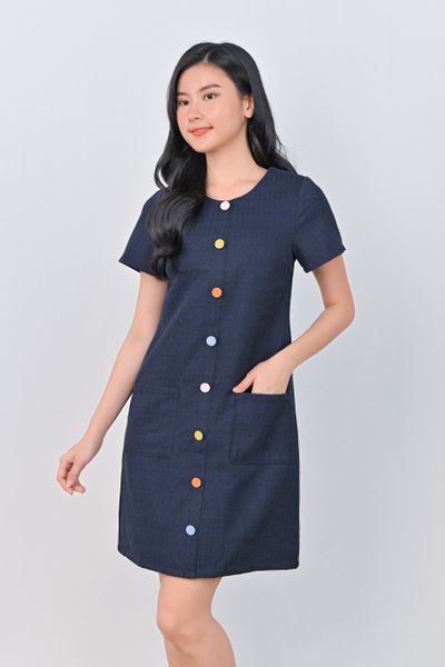 TRINE SLEEVED BUTTON DRESS IN NAVY