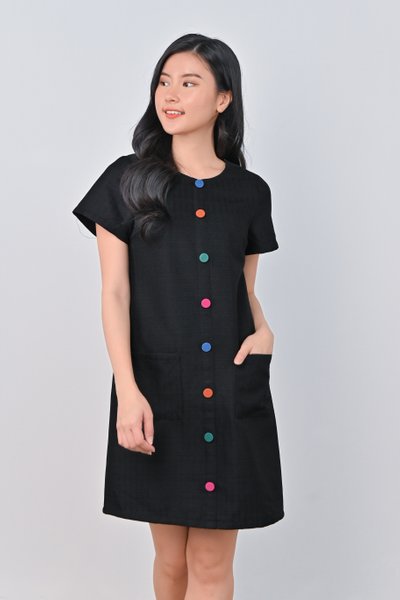 TRINE SLEEVED BUTTON DRESS IN BLACK