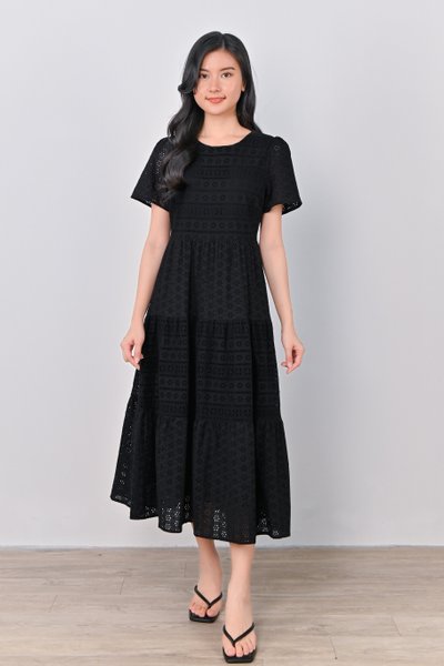 MILLAY EYELET TIERED DRESS IN BLACK