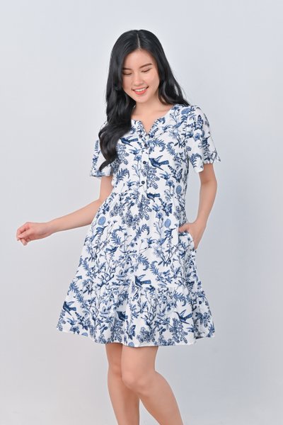 NAVY HUMMINGBIRD BUTTON FLOUNCE DRESS