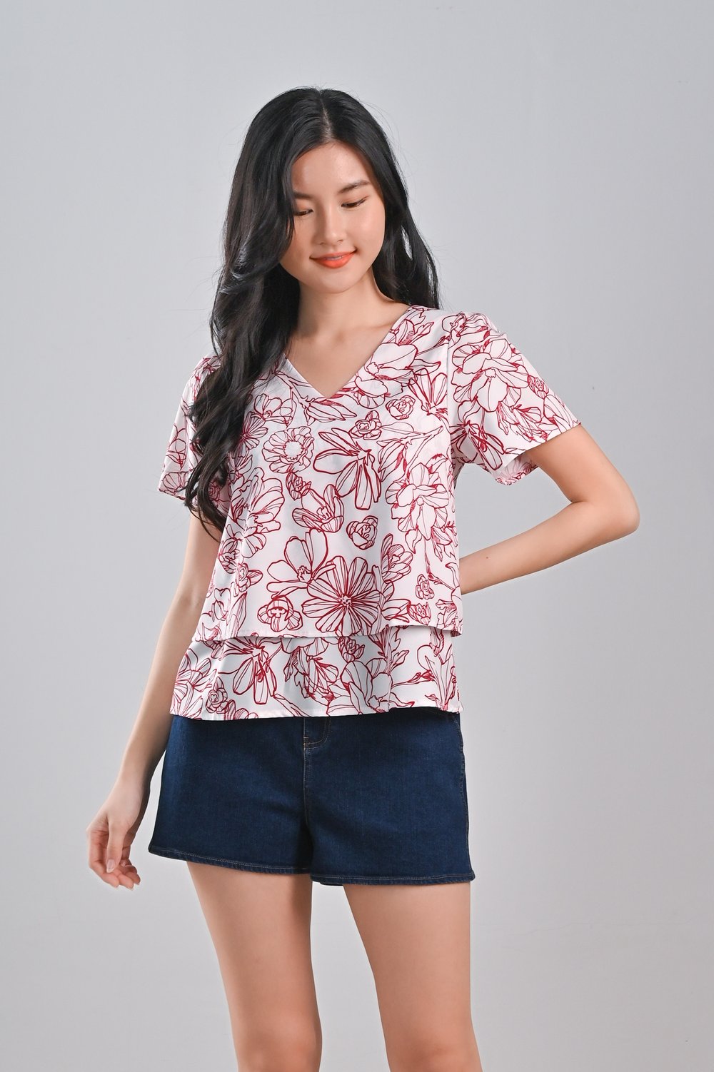RED SKETCHED FLORALS SLEEVED LAYERED TOP RED SKETCHED FLORALS SLEEVED LAYERED TOP
