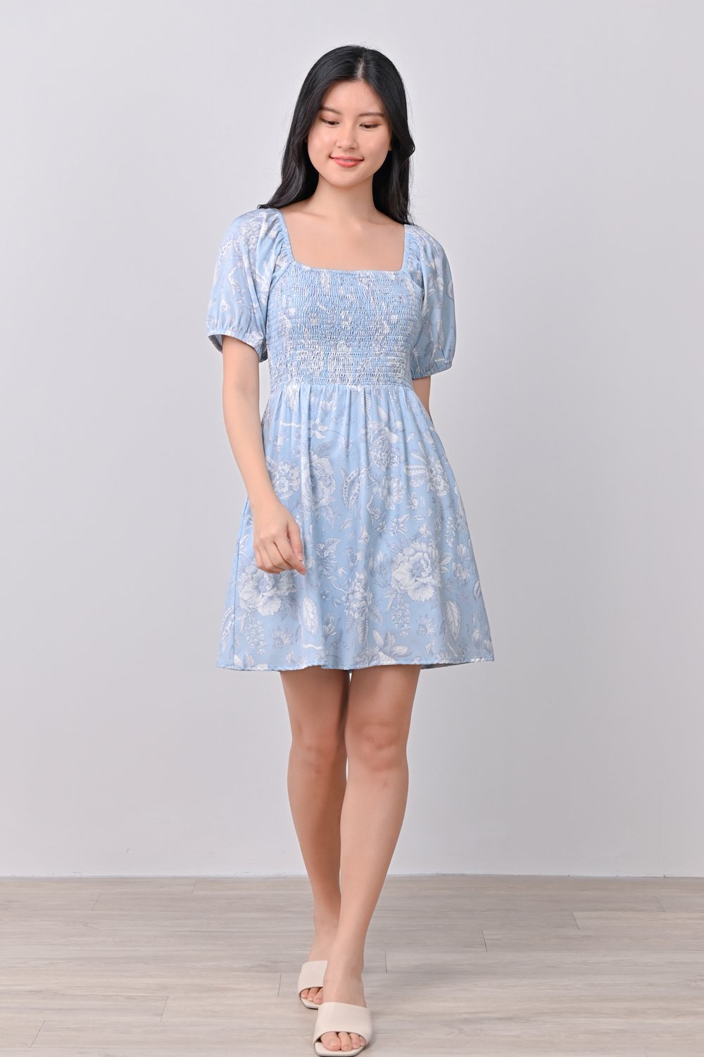 BETHIA BLUE FLORAL SMOCKED DRESS-ROMPER BETHIA BLUE FLORAL SMOCKED DRESS-ROMPER