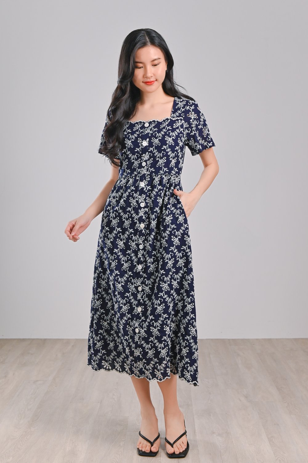 LOVYSE NAVY EYELET MIDI DRESS LOVYSE NAVY EYELET MIDI DRESS