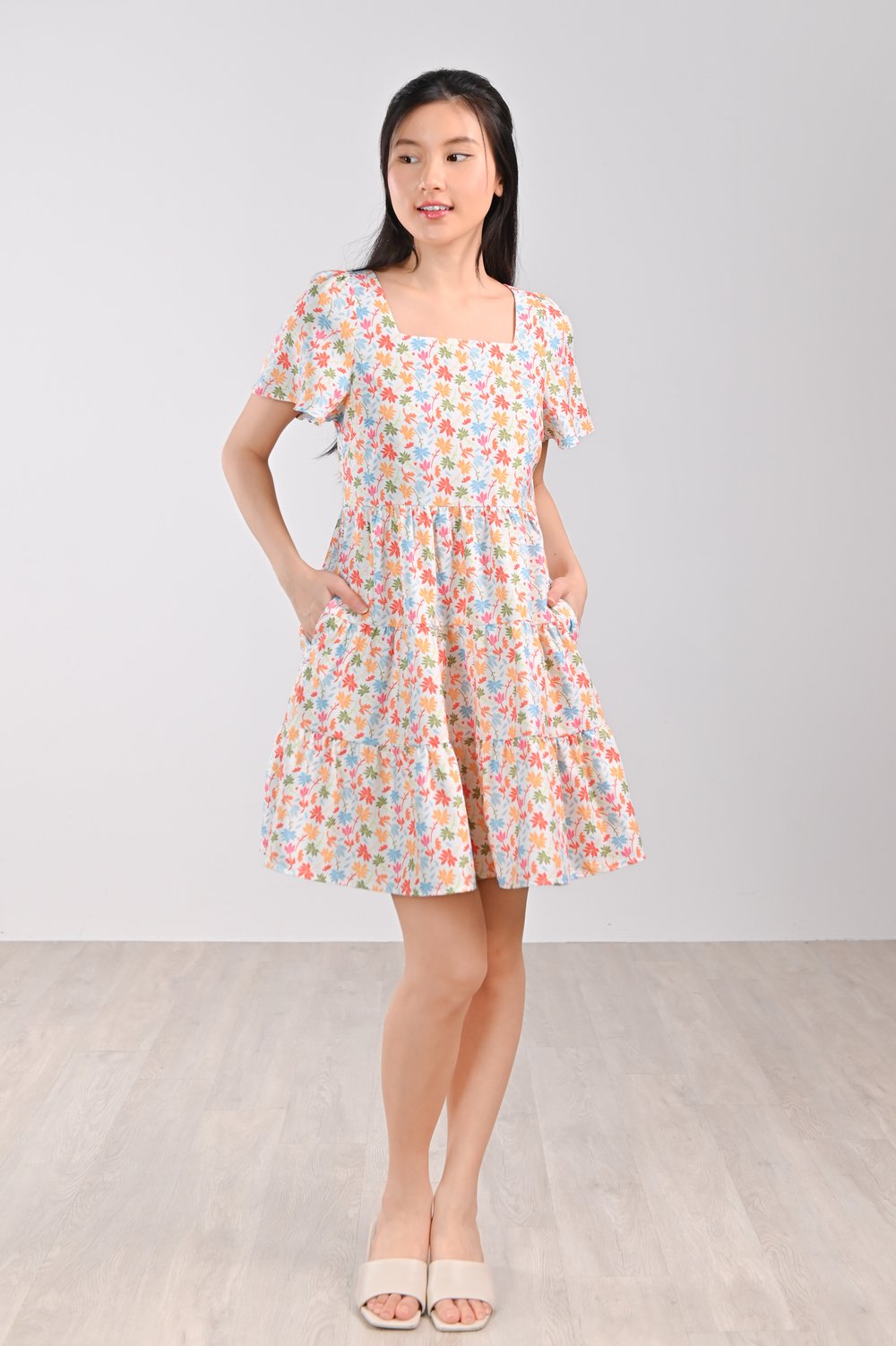 ATHOL LEAVES SQUARE-NECK BABYDOLL DRESS