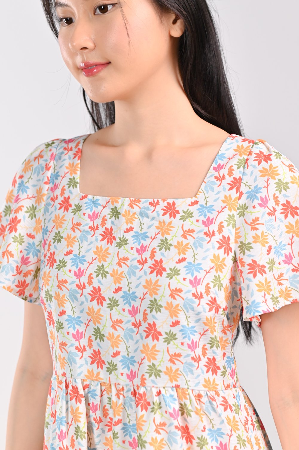 ATHOL LEAVES SQUARE-NECK BABYDOLL DRESS