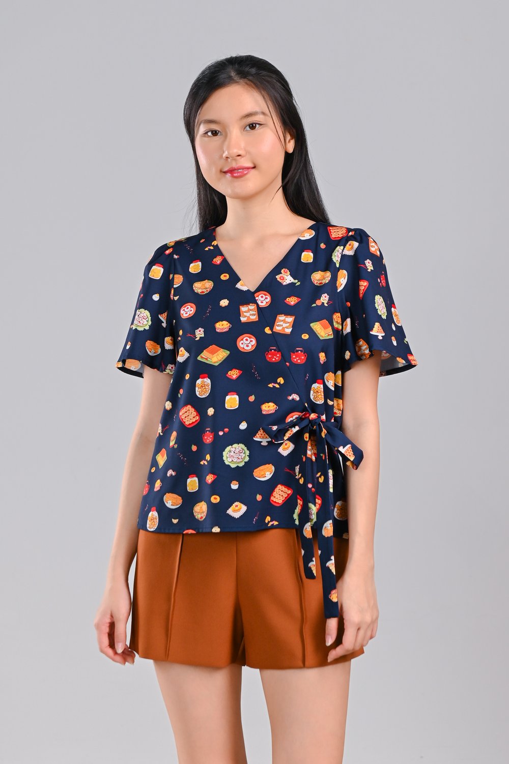 CNY SNACKS NAVY SLEEVED TIE-SASH TOP CNY SNACKS NAVY SLEEVED TIE-SASH TOP