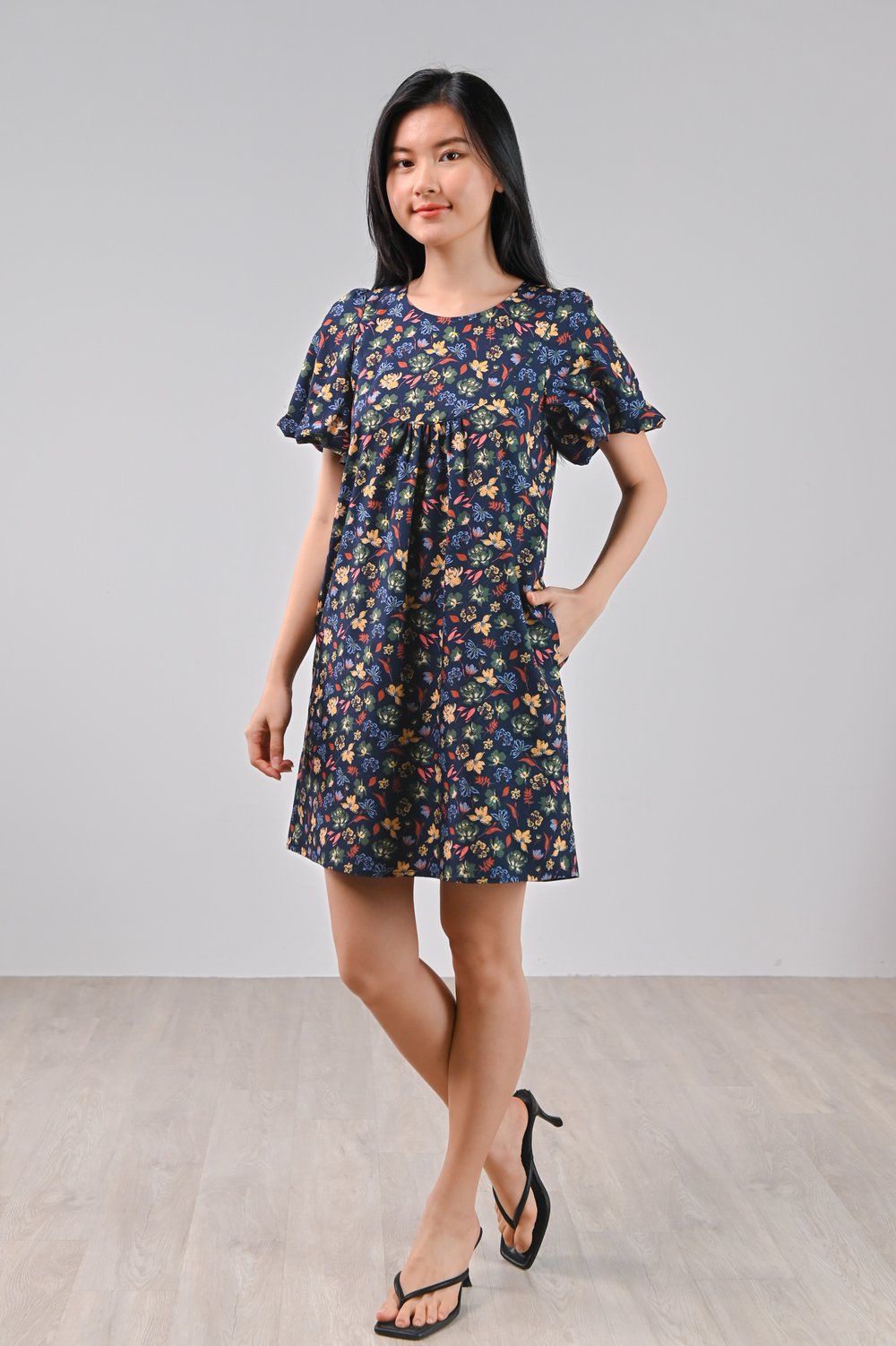 NAVY CRAYON FLORALS BIB SLEEVED DRESS