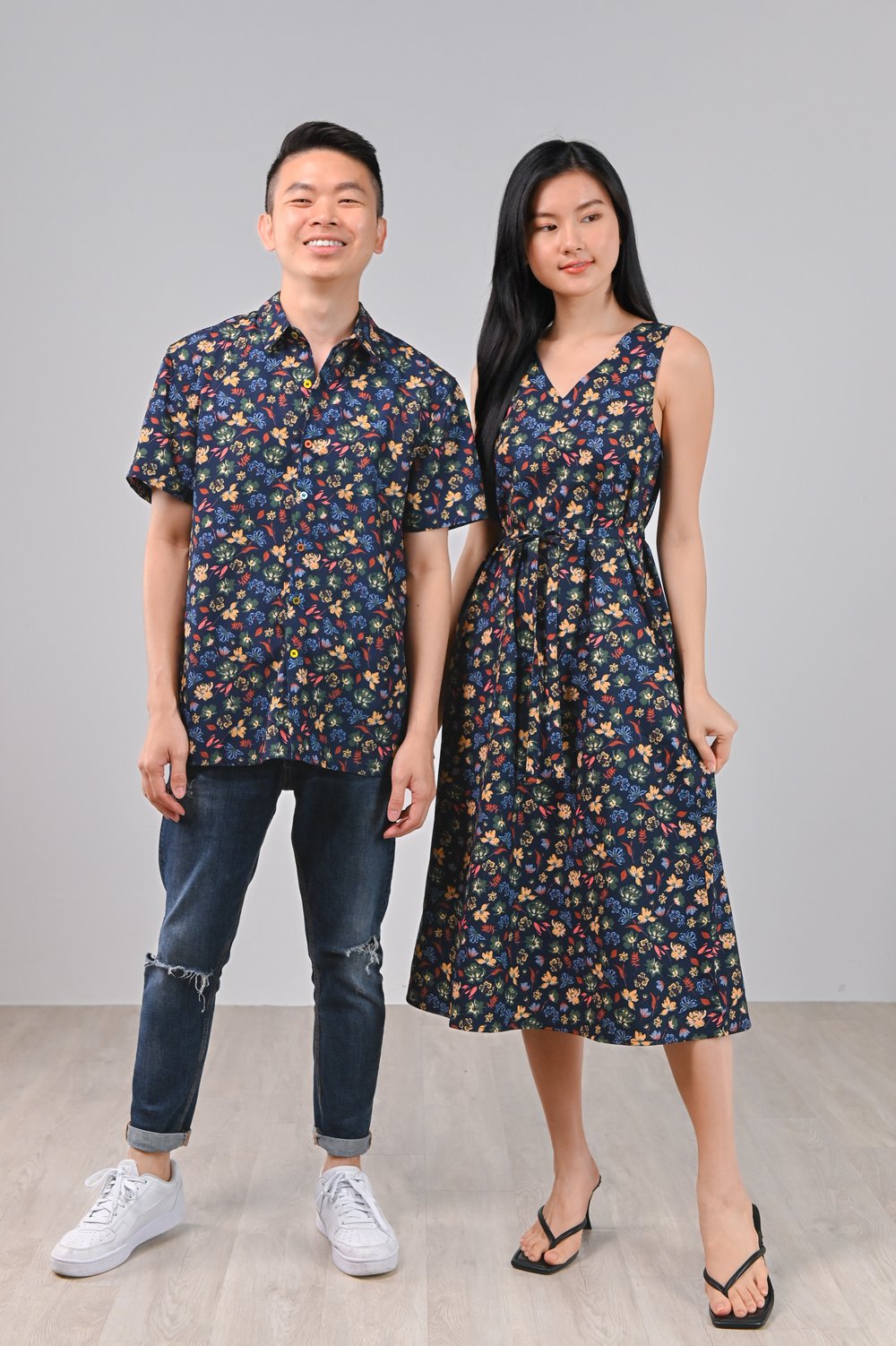 NAVY CRAYON FLORALS TWO-WAY MIDI DRESS