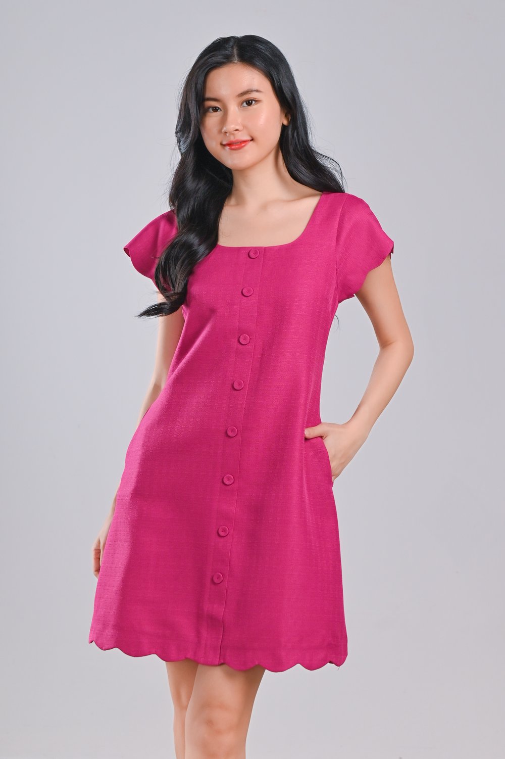 MOJA SCALLOP BUTTON DRESS IN PINK MOJA SCALLOP BUTTON DRESS IN PINK