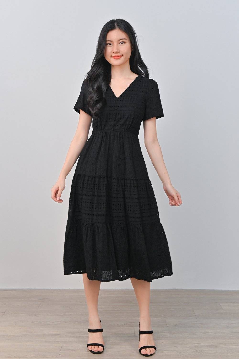 FRANKIE EYELET TIERED DRESS IN BLACK FRANKIE EYELET TIERED DRESS IN BLACK