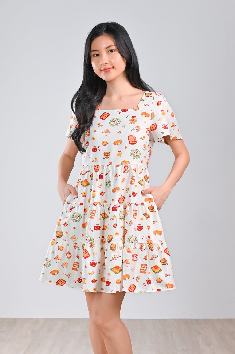 CNY SNACKS CREAM SQUARE-NECK BABYDOLL DRESS CNY SNACKS CREAM SQUARE-NECK BABYDOLL DRESS