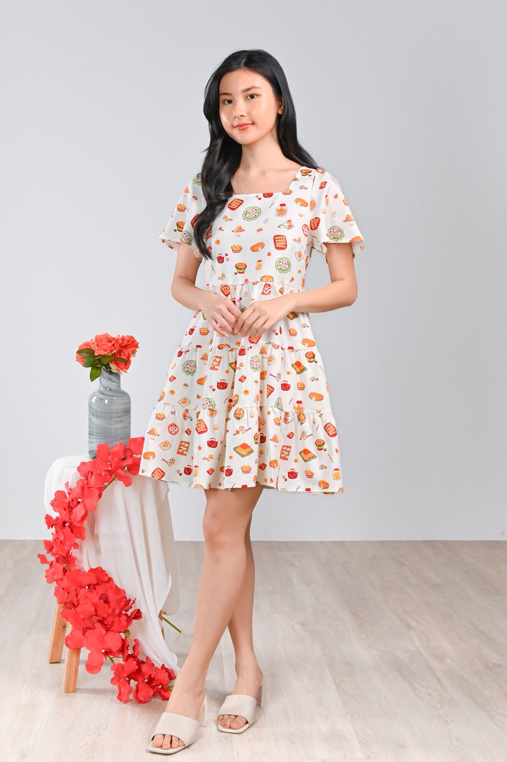 CNY SNACKS CREAM SQUARE-NECK BABYDOLL DRESS CNY SNACKS CREAM SQUARE-NECK BABYDOLL DRESS
