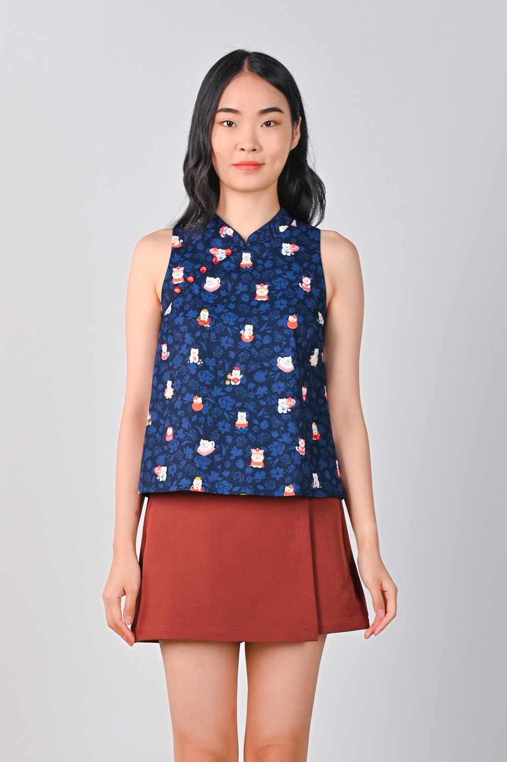 FORTUNE FLORAL CAT NAVY SLEEVELESS CHEONGSAM TOP FORTUNE FLORAL CAT NAVY SLEEVELESS CHEONGSAM TOP
