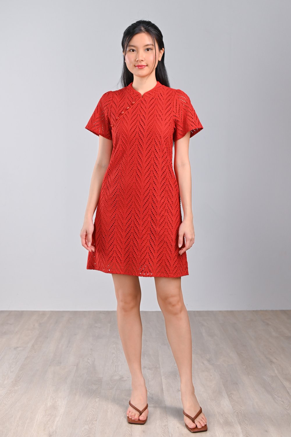 QIUQIU EYELET SLEEVED CHEONGSAM IN ORANGE-RED QIUQIU EYELET SLEEVED CHEONGSAM IN ORANGE-RED