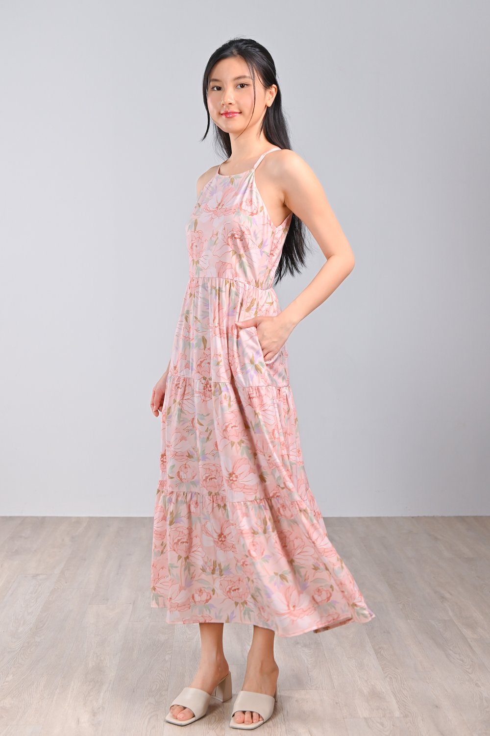PINK BOTANICAL CUT-IN TIERED DRESS