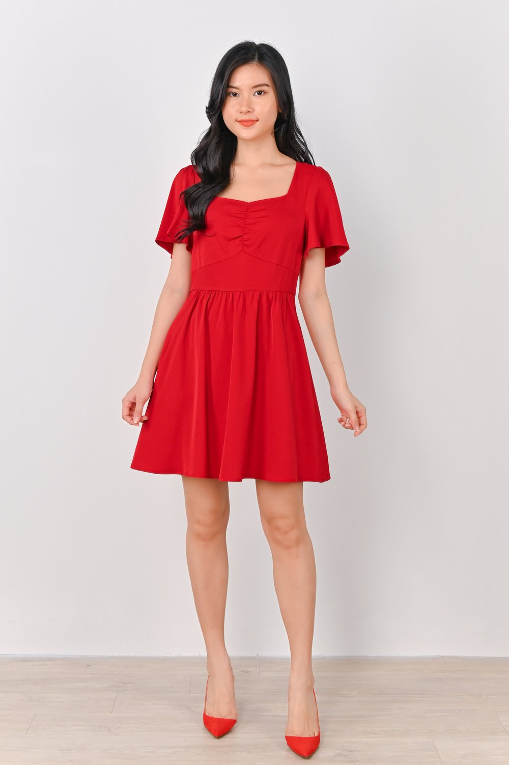 GAYLE SWEETHEART RUCHED DRESS-ROMPER IN RED GAYLE SWEETHEART RUCHED DRESS-ROMPER IN RED
