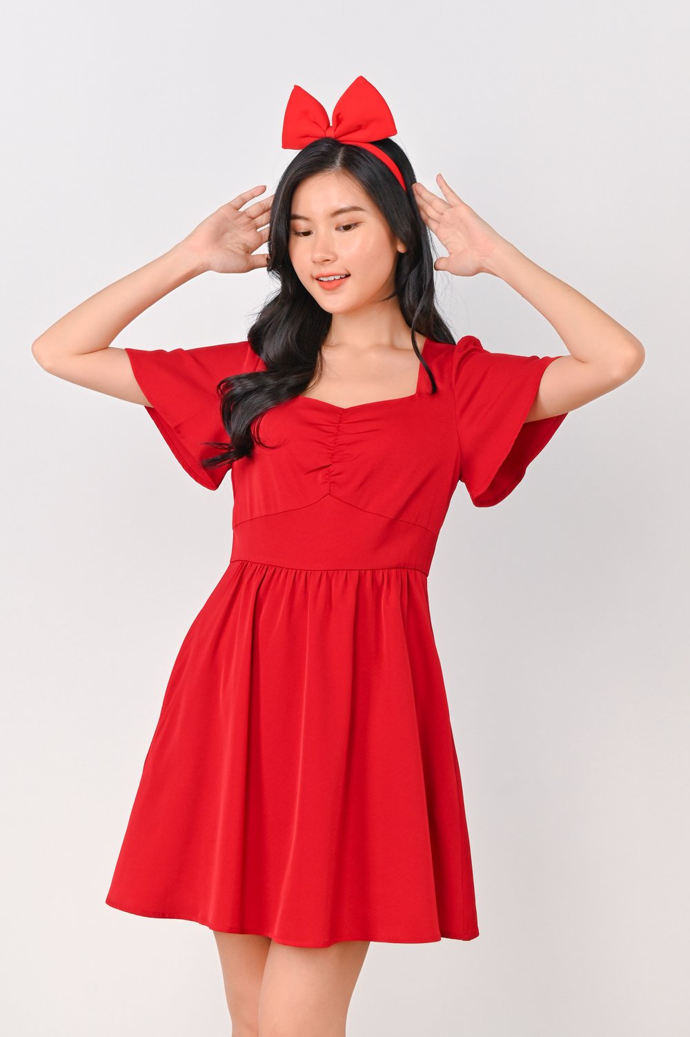GAYLE SWEETHEART RUCHED DRESS-ROMPER IN RED GAYLE SWEETHEART RUCHED DRESS-ROMPER IN RED