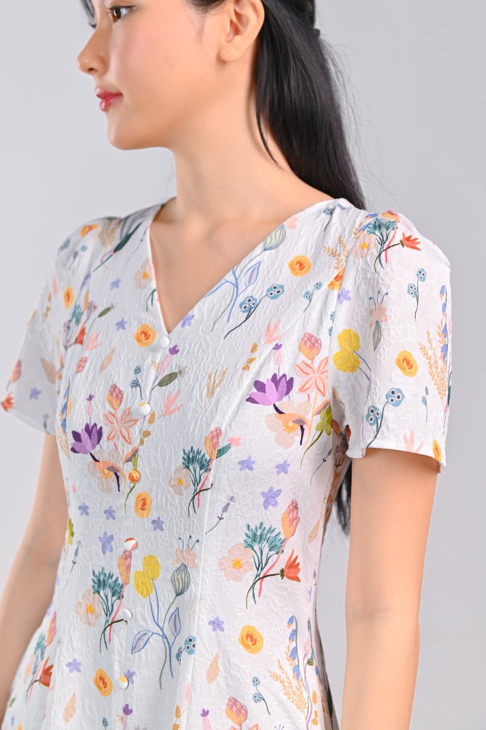 GLYTHE WHITE FLORAL SLEEVED BUTTON DRESS GLYTHE WHITE FLORAL SLEEVED BUTTON DRESS