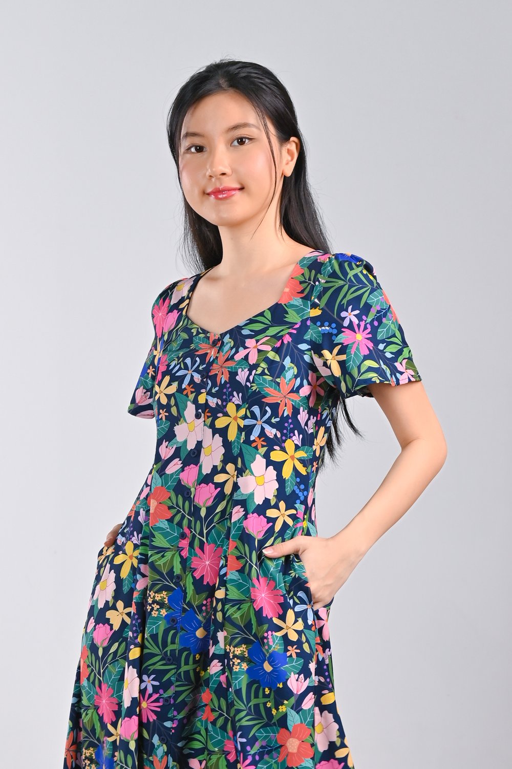 POSEY NAVY FLORAL SLEEVED BUTTON DRESS POSEY NAVY FLORAL SLEEVED BUTTON DRESS