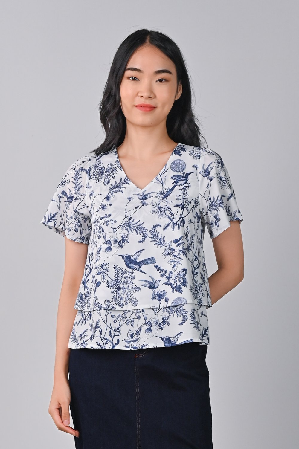 NAVY HUMMINGBIRD SLEEVED LAYERED TOP NAVY HUMMINGBIRD SLEEVED LAYERED TOP