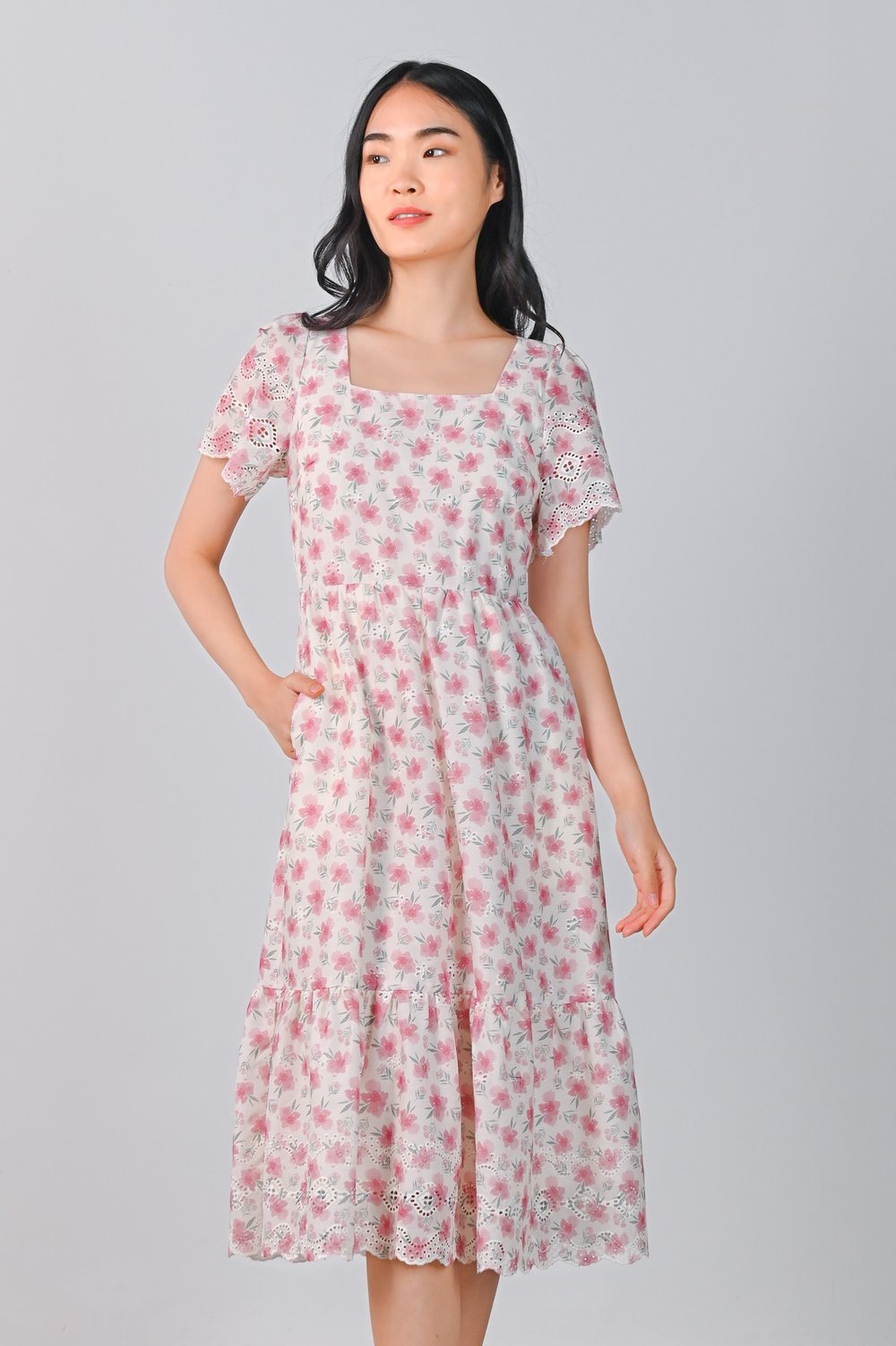 NYX PINK FLORAL EYELET SQUARE-NECK DRESS NYX PINK FLORAL EYELET SQUARE-NECK DRESS