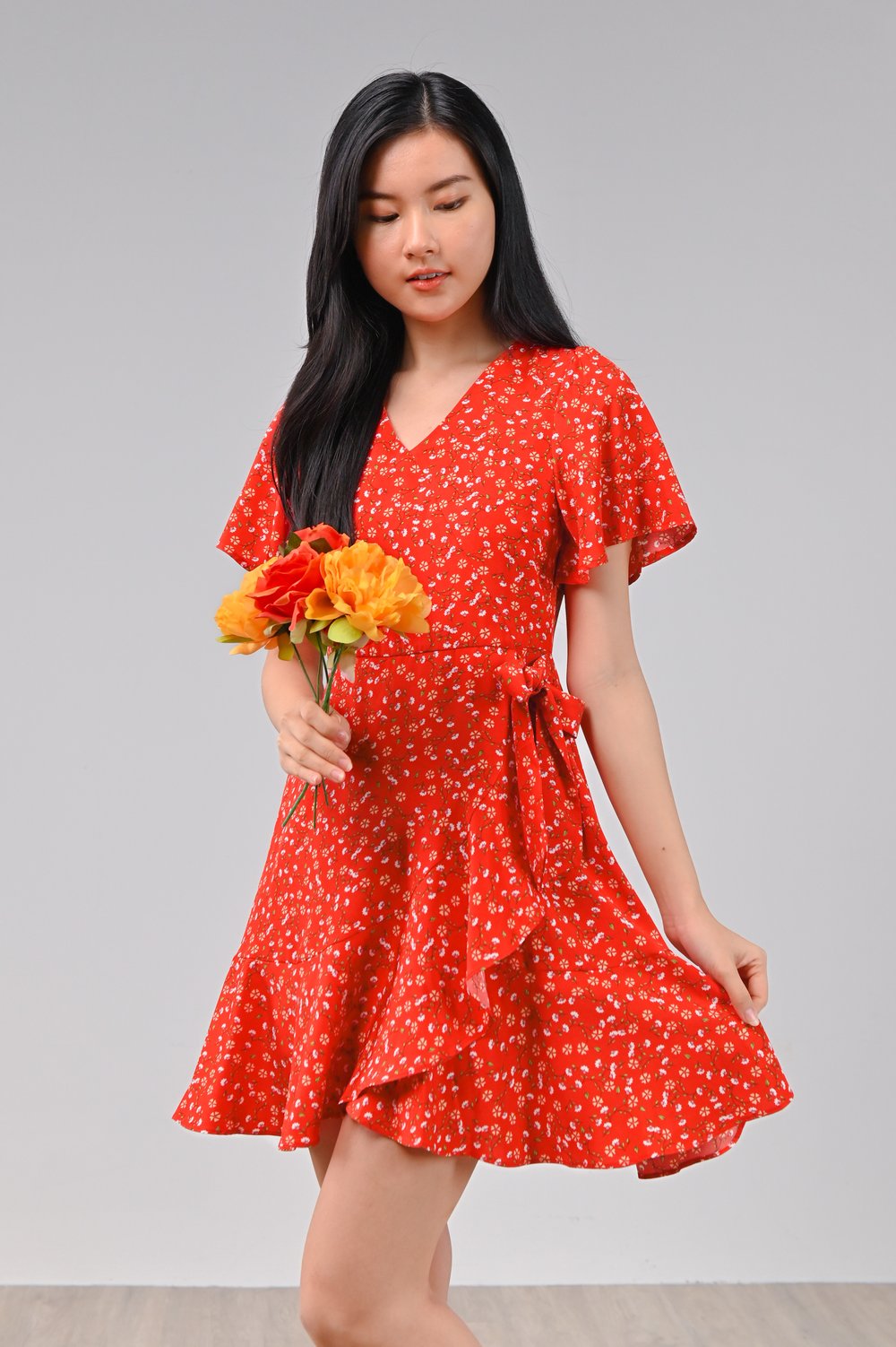 DALLIE FLORAL RUFFLE DRESS-ROMPER IN RED DALLIE FLORAL RUFFLE DRESS-ROMPER IN RED