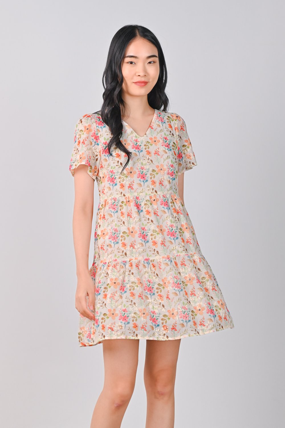 ELISA ORANGE FLORAL V-NECK BABYDOLL DRESS ELISA ORANGE FLORAL V-NECK BABYDOLL DRESS