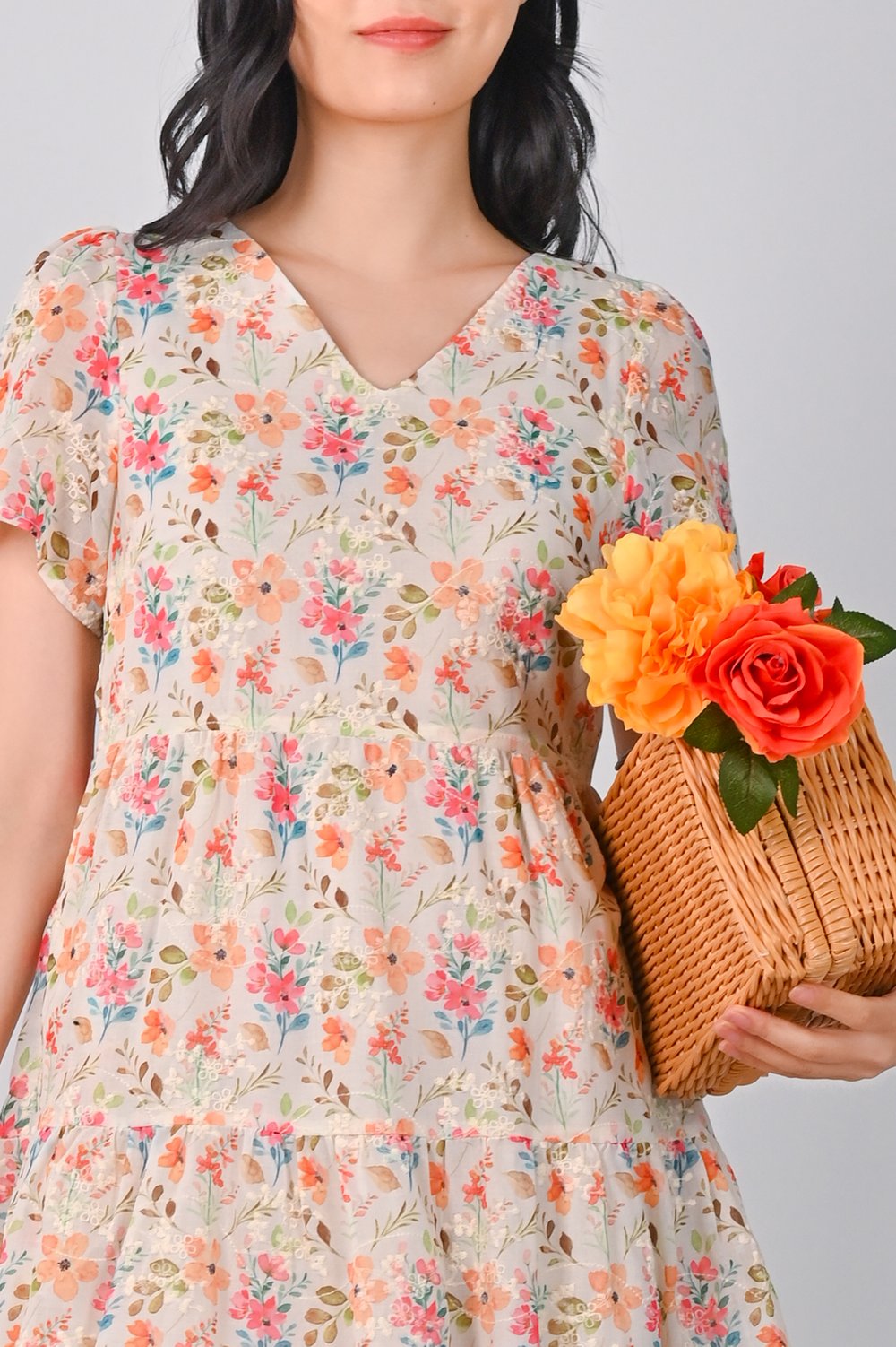 ELISA ORANGE FLORAL V-NECK BABYDOLL DRESS ELISA ORANGE FLORAL V-NECK BABYDOLL DRESS